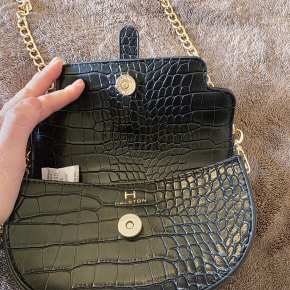 Halston Black Croc Embossed Faux Leather Crossbody Bag Gold Chain H Logo - Picture 4 of 14